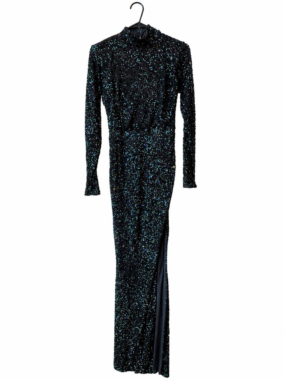 Oh Polly Black Sequin Long Sleeve Evening Gown with Teal Sparkle